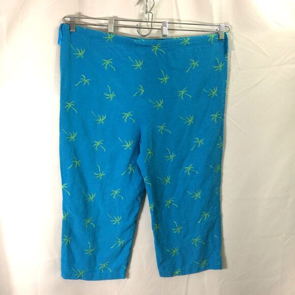 Y2K Vintage Dressbarn Silk Linen Pants Palm Tree Print Blue XL Drawstring - Picture 3 of 4